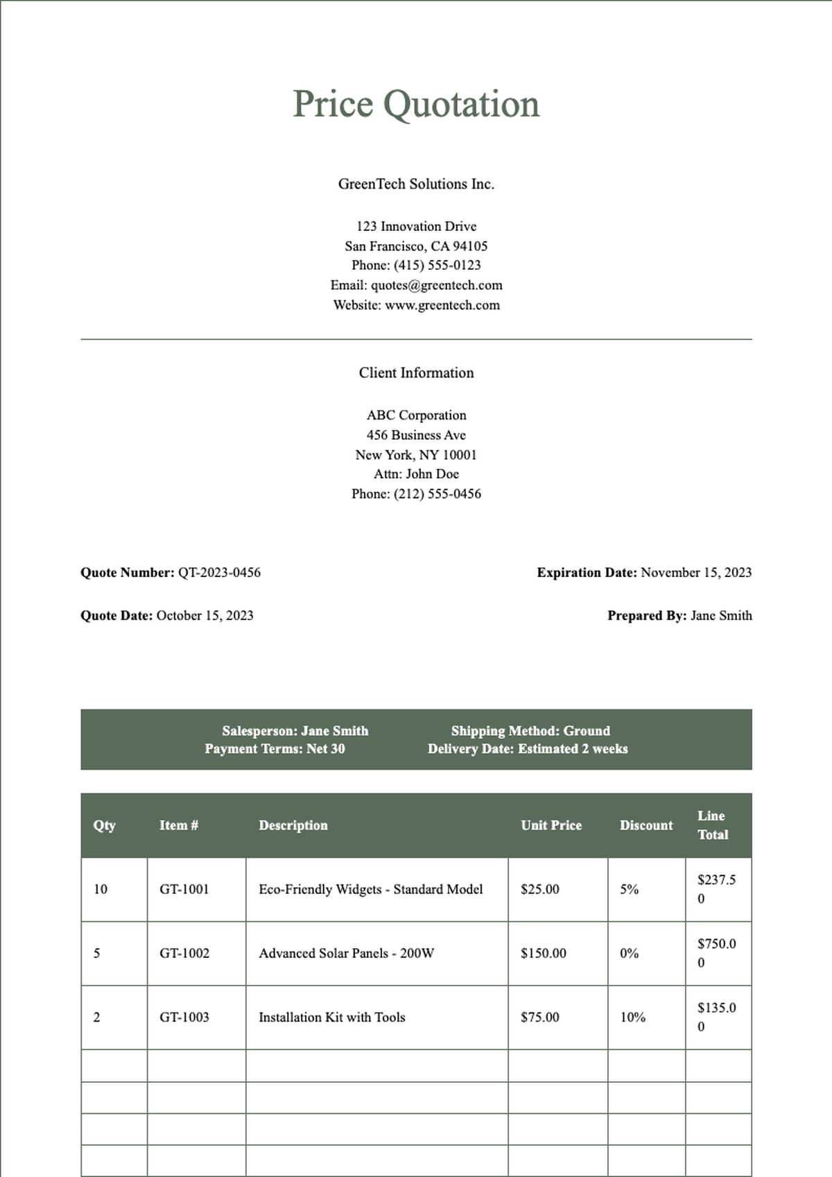 Professional price quote template with itemized table and company branding space_variant_3